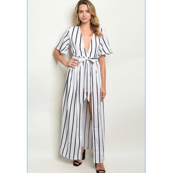 White Black Romper Wrap Maxi Skirt /Jumpsuit Dress - Picture 2 of 4
